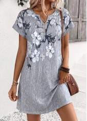 Floral Print Tummy Coverage Grey Short Split Neck Dress