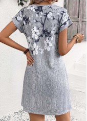 Floral Print Tummy Coverage Grey Short Split Neck Dress
