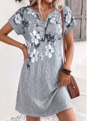 Floral Print Tummy Coverage Grey Short Split Neck Dress
