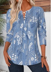 Leaf Print Tuck Stitch Blue Long Sleeve Blouse