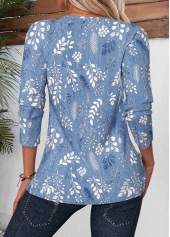 Leaf Print Tuck Stitch Blue Long Sleeve Blouse
