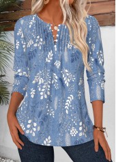 Leaf Print Tuck Stitch Blue Long Sleeve Blouse