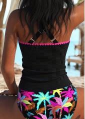 High Waisted Tropical Plants Print Ruched Black Tankini Set