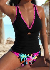 High Waisted Tropical Plants Print Ruched Black Tankini Set