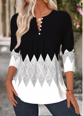 Geometric Print Tuck Stitch Black Long Sleeve T Shirt
