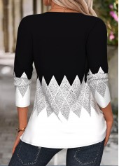 Geometric Print Tuck Stitch Black Long Sleeve T Shirt