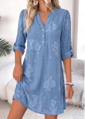 Tummy Coverage Blue Short Long Sleeve Split Neck Dress