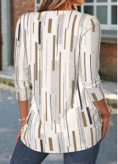 Geometric Print Patchwork Light Camel Long Sleeve T Shirt