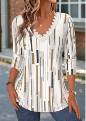 Geometric Print Patchwork Light Camel Long Sleeve T Shirt