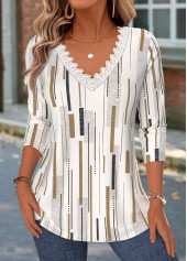 Geometric Print Patchwork Light Camel Long Sleeve T Shirt