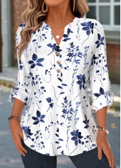 Floral Print Curved Hem Blue Long Sleeve Shirt