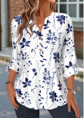 Floral Print Curved Hem Blue Long Sleeve Shirt