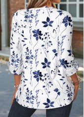 Floral Print Curved Hem Blue Long Sleeve Shirt