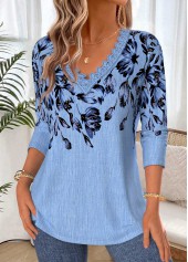 Floral Print Tummy Coverage Blue Long Sleeve T Shirt