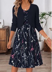 Floral Print Two-piece Navy Long Sleeve Dress and Cardigan