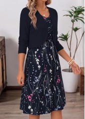 Floral Print Two-piece Navy Long Sleeve Dress and Cardigan