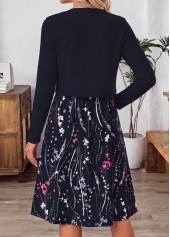 Floral Print Two-piece Navy Long Sleeve Dress and Cardigan