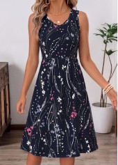 Floral Print Two-piece Navy Long Sleeve Dress and Cardigan