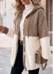 Patchwork Light Camel Long Sleeve Hooded Coat