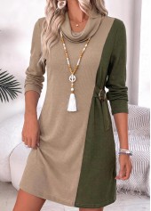 Patchwork Light Camel Short Long Sleeve Cowl Neck Dress