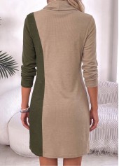 Patchwork Light Camel Short Long Sleeve Cowl Neck Dress