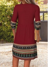 Tribal Print Shirred Wine Red Short Long Sleeve Dress