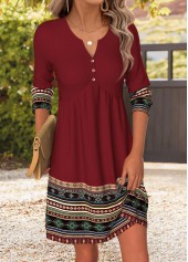 Tribal Print Shirred Wine Red Short Long Sleeve Dress