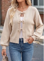 Bowknot Beige Long Sleeve Round Neck Sweater