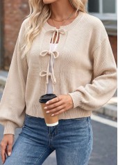 Bowknot Beige Long Sleeve Round Neck Sweater