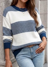 Tummy Coverage Blue Long Sleeve Round Neck Sweater