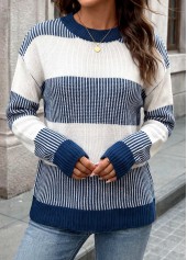 Tummy Coverage Blue Long Sleeve Round Neck Sweater