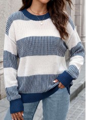 Tummy Coverage Blue Long Sleeve Round Neck Sweater