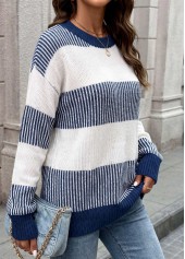 Tummy Coverage Blue Long Sleeve Round Neck Sweater