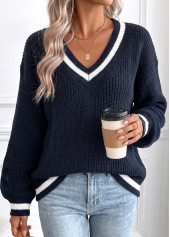 Tummy Coverage Navy Long Sleeve V Neck Sweater