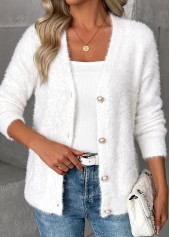 Tummy Coverage White Long Sleeve V Neck Sweater