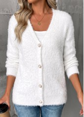 Tummy Coverage White Long Sleeve V Neck Sweater