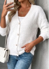 Tummy Coverage White Long Sleeve V Neck Sweater