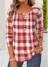 Plaid Tuck Stitch Red Long Sleeve T Shirt