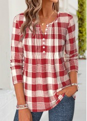 Plaid Tuck Stitch Red Long Sleeve T Shirt