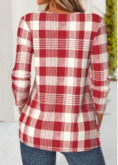 Plaid Tuck Stitch Red Long Sleeve T Shirt