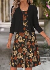 Floral Print Two-piece Multi Color Dress and Cardigan