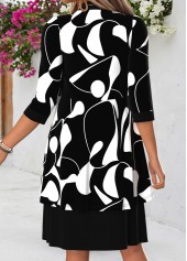 Geometric Print Tummy Coverage Black Dress and Cardigan