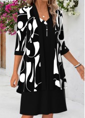 Geometric Print Tummy Coverage Black Dress and Cardigan