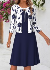 Floral Print Two-piece Navy Long Sleeve Dress and Cardigan