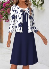 Floral Print Two-piece Navy Long Sleeve Dress and Cardigan