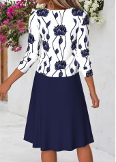 Floral Print Two-piece Navy Long Sleeve Dress and Cardigan