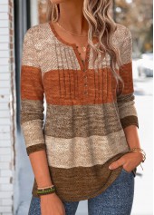 Striped Tuck Stitch Multi Color Long Sleeve T Shirt