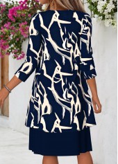 Geometric Print Tummy Coverage Navy Dress and Cardigan