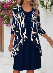Geometric Print Tummy Coverage Navy Dress and Cardigan