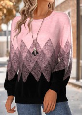 Geometric Print Tummy Coverage Pink Long Sleeve Sweatshirt